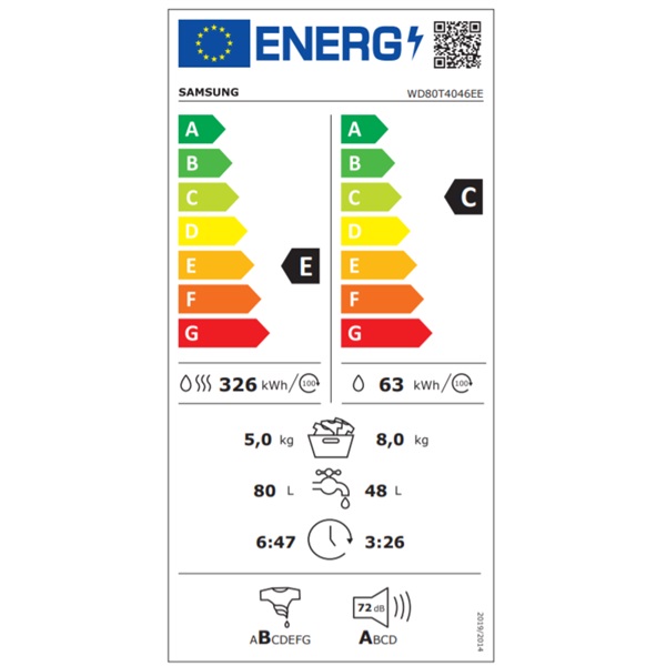 Samsung WD80T4046EE/LE elöltöltős mosó-szárítógép