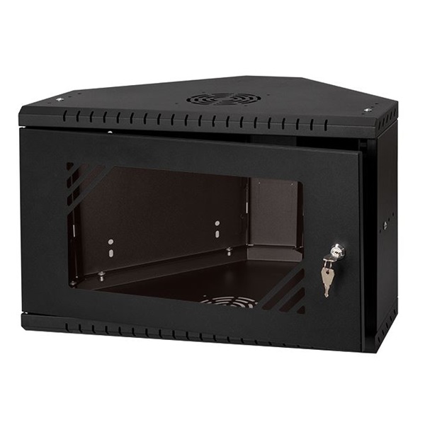 Stalflex CRC19-6U-330GB 19" 6U 330mm mély lapraszerelt fekete üveg ajtós fali rack sarokszekrény