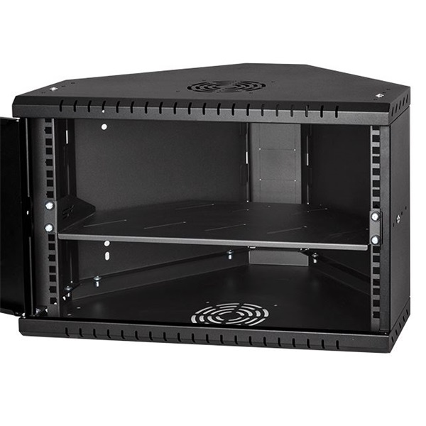 Stalflex CRC19-6U-330GB 19" 6U 330mm mély lapraszerelt fekete üveg ajtós fali rack sarokszekrény