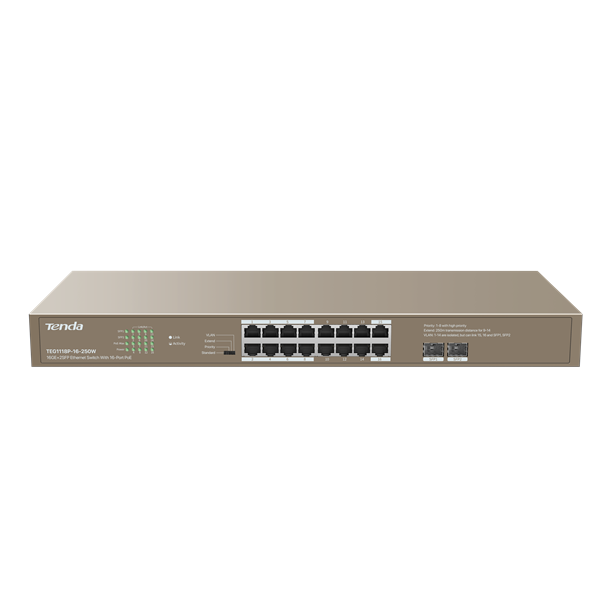 Tenda TEG1118P-16-250W 16xGbE PoE LAN 2xSFP port nem menedzselhető PoE switch