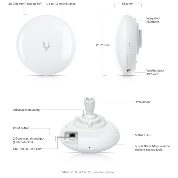 Ubiquiti Wave-Pico 60GHz/5GHz 802.11ax Wi-Fi 6 Backup UISP Pont-Multipont Radio