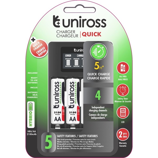 Uniross UCU002A 2100mAh Hybrio Ni-Mh LCD akku gyorstöltő + 4xAA akku