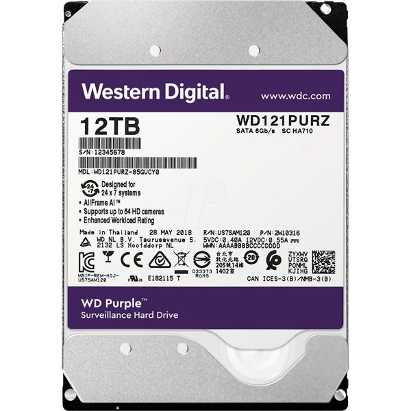 Western Digital 3,5" 12000GB belső SATAIII 7200RPM 256MB PURPLE WD121PURZ winchester 3 év