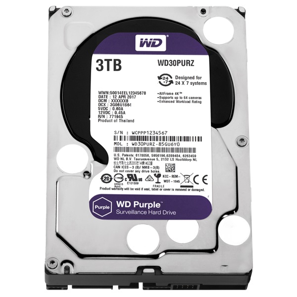 Western Digital 3,5" 3000GB belső SATAIII 5400RPM 64MB PURPLE WD30PURZ winchester 3 év