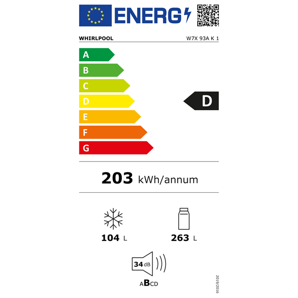 Whirlpool W7X 93A K fekete alulfagyasztós hűtőszekrény