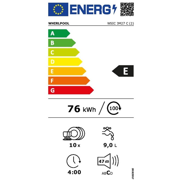 Whirlpool WSIC 3M27 C beépíthető keskeny 10 terítékes mosogatógép