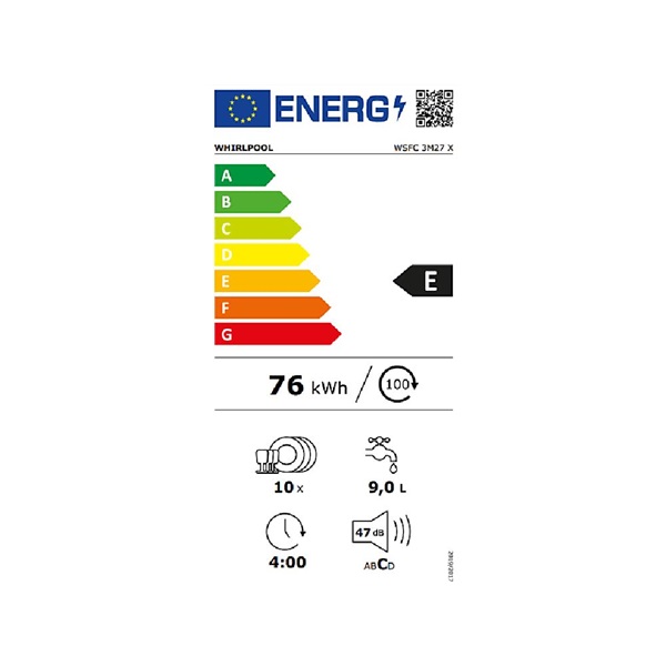 Whirlpool WSBC 3M27 X beépíthető keskeny 10 terítékes inox mosogatógép