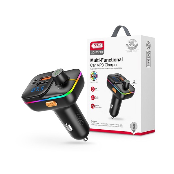 XO TF-0246 XO Bluetooth FM-transmitter/szivargyújtó töltő - 2xUSB + MP3 + RGB Light + PD25W